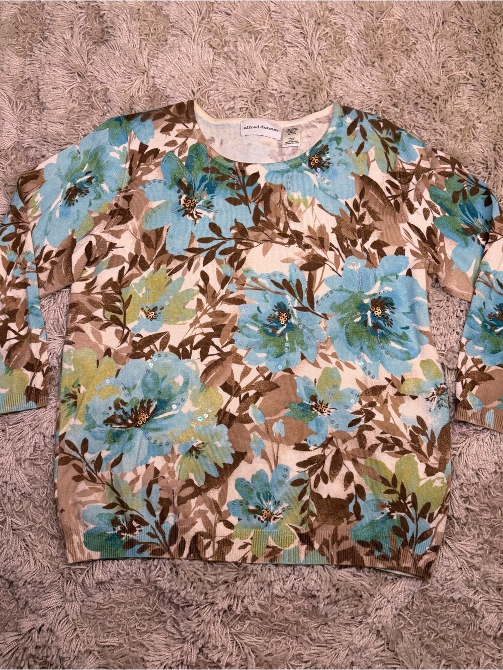 Alfred Dunner Floral Sequin Sweater Womens S Blue Green Cotton Blend Crewneck